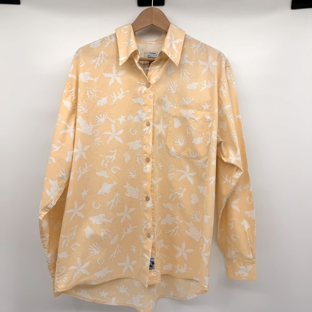 Totem By the Sea Button Down Shirt Ocean Novelty‎ Print Sz L Peach White Coastal